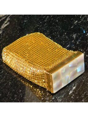 Vintage Gold Mesh Cigarette Case Mother of Pearl Tile Inlay Mid Century fashion